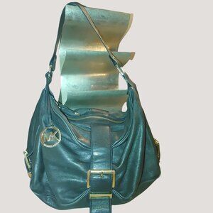 Michael Kors Black Leather Hobo Shoulder Bag MK Logo Large Gold Accents